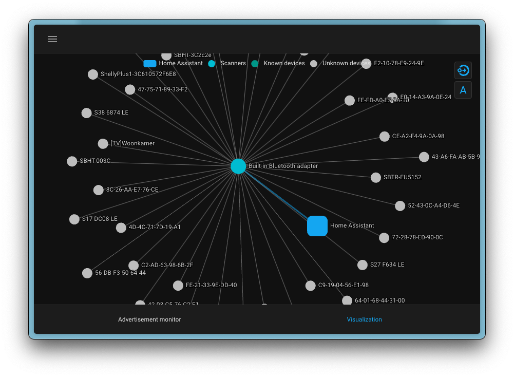 Capture d'écran présentant le nouveau graphique de connexion Bluetooth ; même les proxys Bluetooth sont affichés sur la carte.