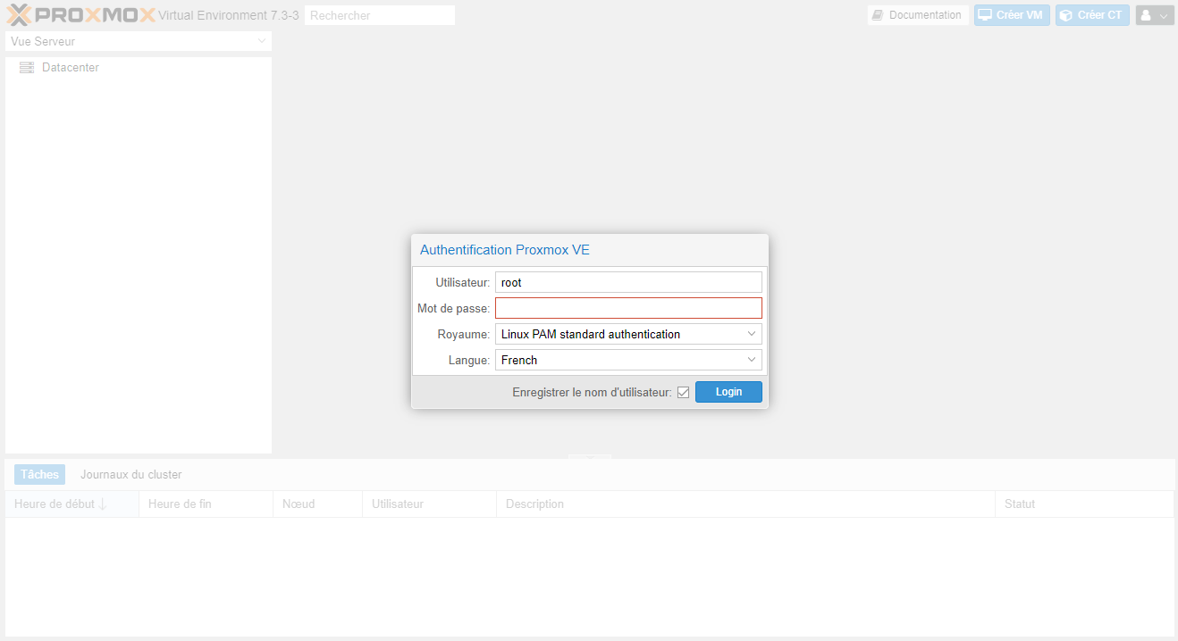 Écran de connexion a Proxmox