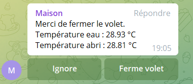 Boutons de commandes du volet de la piscine avec Telegram