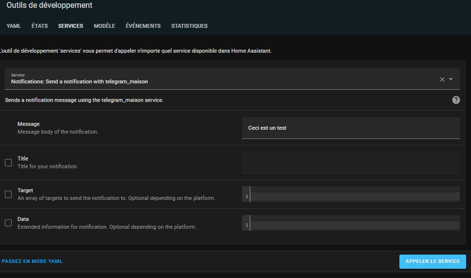 Test du fonctionnement de Telegram via l’outil de developpement de Home Assistant
